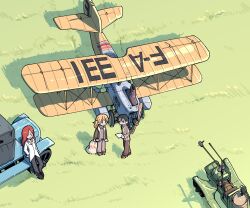  3girls aircraft airplane antique_car biplane black_hair blonde_hair brown_jacket car commentary_request from_above grass highres holding holding_paper jacket motor_vehicle multiple_girls open_clothes open_jacket original outdoors pants paper propeller red_hair sack shirt standing sumirechan_(lalah7th) sweater white_shirt wide_shot 