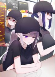  3girls apron arm_rest black_apron black_shirt blonde_hair blue_hair blunt_bangs blush breasts burger cheese closed_mouth collared_shirt counter employee_uniform fangs fast_food fast_food_uniform food hat head_tilt highres holding holding_tray indoors ine_(vtuber) jingburger leaning_forward lettuce lilpa long_hair looking_ahead looking_up menu multicolored_hair multiple_girls napkin notonoto532581 one_eye_closed open_mouth ponytail red_eyes restaurant shirt short_sleeves sidelocks standing streaked_hair sweat t-shirt tearing_up tomato too_much_burger too_much_food tray very_long_hair violet_eyes virtual_youtuber waktaverse white_hair yellow_eyes 