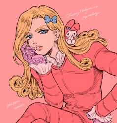  1boy 1girl animal_ears argyle_clothes argyle_gloves blonde_hair blue_bow blue_eyes bow character_name coat commentary_request crossed_legs crossover curly_hair frilled_sleeves frills funny_valentine gloves hair_bow hand_on_own_hip highres jojo_no_kimyou_na_bouken lips long_hair looking_at_viewer male_focus my_melody onegai_my_melody parted_lips pink_background pink_coat pink_lips pink_theme ponpon_emiri purple_gloves rabbit_ears sanrio simple_background sitting solo steel_ball_run 