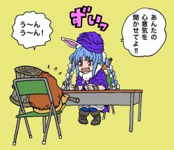  1girl 1other animal_ears black_boots blue_hair boots braid cape carrot_hair_ornament chair commentary_request cosplay don-chan_(usada_pekora) dragon_quest dragon_quest_v folding_chair food-themed_hair_ornament hair_ornament hammerhood_(dragon_quest) hat hero_(dq5) hero_(dq5)_(cosplay) highres holding holding_mallet hololive lee_(dragon_garou) mallet multicolored_hair open_mouth purple_cape purple_hat rabbit_ears rabbit_girl sitting table thick_eyebrows translation_request turban twin_braids two-tone_hair usada_pekora virtual_youtuber white_hair 