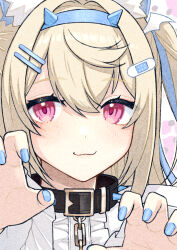  1girl :3 animal_collar animal_ear_fluff animal_ears bandaid bandaid_hair_ornament black_collar blonde_hair blue_hairband blue_nails blue_streaks center_frills claw_pose closed_mouth collar commentary_request dog_ears dog_girl fingernails frills fuwawa_abyssgard fuwawa_abyssgard_(1st_costume) hair_between_eyes hair_ornament hairband hairclip hands_up highres hololive hololive_english looking_at_viewer multicolored_hair nail_polish oumi_mizu parallel_hairclips pink_eyes portrait shirt solo spiked_collar spikes streaked_hair virtual_youtuber white_shirt 