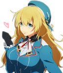 1girl aqua_eyes atago_(kantai_collection) black_gloves blonde_hair breasts gloves hat heart kantai_collection long_hair looking_at_viewer military military_uniform personification smile solo tukno uniform white_background 