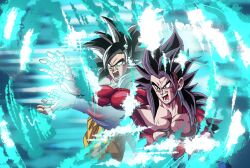  black_hair blue_sash body_fur commentary_request dougi dragon_ball dragon_ball_gt father-son_kamehameha highres kamehameha_(dragon_ball) korean_commentary long_hair male_focus monkey_boy monkey_tail multiple_boys muscular muscular_male no_nipples pants pectorals red_fur saiyan sash son_gohan son_goku spiky_hair sun032511 super_saiyan super_saiyan_4 tail yellow_pants 
