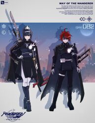  1boy 1girl adapted_costume alternate_costume alternate_universe armband armor arms_at_sides arrow_(projectile) artist_logo artist_name belt black_cape black_hair black_scarf black_streaks boots cape cityscape commentary copyright_logo copyright_name crossed_legs english_commentary english_text facing_viewer falling_petals fire gloves hairband hand_on_own_hip highres hole_in_chest hole_on_body japanese_armor knee_boots kote last_defense_academy_school_uniform logo looking_at_viewer magadori_kyoshika multicolored_hair multiple_swords multiple_weapons muneate naginata petals polearm purple_fire quiver red_hair scabbard scarf school_uniform self-upload sheath sheathed shoulder_armor single_sode sode soshu_(soshuscribbles) streaked_hair sumino_takumi the_hundred_line_-last_defense_academy- weapon white_armband white_gloves white_hairband 