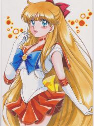  1girl absurdres adult_swim aino_minako back_bow bishoujo_senshi_sailor_moon bishoujo_senshi_sailor_moon_r bishoujo_senshi_sailor_moon_r:_the_movie bishoujo_senshi_sailor_moon_s bishoujo_senshi_sailor_moon_s:_the_movie bishoujo_senshi_sailor_moon_supers bishoujo_senshi_sailor_moon_supers:_the_movie blonde_hair blue_bow blue_bowtie blue_eyes blush bow bowtie breasts chikoto chikoto_(kztc4472) choker circlet cleavage commentary cowboy_shot elbow_gloves gloves hair_bow hand_up highres magical_girl miniskirt open_mouth photo_(medium) pleated_skirt red_bow red_choker red_sailor_collar red_skirt sailor_collar sailor_senshi_uniform sailor_venus shirt short_sleeves simple_background skirt solo toei_company toonami traditional_media viz_media white_background white_shirt yellow_bow 