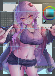 1girl absurdres arms_up bare_legs bare_shoulders belly blush breasts circle circle_hair_ornament coat_partially_removed color_wheel commentary_request crop_top drawstring fourth_wall hair_between_eyes hair_ornament hairclip hatyomugi00 highres jacket large_breasts long_hair navel open_clothes open_jacket pink_eyes purple_hair revealing_clothes shorts sidelocks smile solo sports_bra stomach thighs vocaloid voiceroid yuzuki_yukari