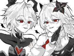  1boy 1girl black_flower black_gloves dragon_boy dragon_horns durin_(genshin_impact) evernight_(honkai:_star_rail) flower genshin_impact gloves greyscale hair_flower hair_ornament high_collar honkai:_star_rail honkai_(series) horns iragashi_m_m looking_at_another march_7th_(honkai:_star_rail) monochrome red_eyes white_background 