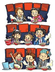  2boys 4girls ^_^ ace_attorney antenna_hair apollo_justice apollo_justice:_ace_attorney arm_up artist_request beanie beard_stubble black_eyes black_hair black_jacket black_shirt blazer blue_cape blue_hat blue_jacket blunt_bangs blush_stickers border bow-shaped_hair bowl brown_hair buttons cape chibi child chopsticks closed_eyes collared_jacket commentary contrast_lapels diamond-shaped_brooch diamond_button eating english_commentary facial_hair food forehead fringe_trim gem glutton green_gem grey_hoodie hair_rings happy hat hat_pin heart heart_print holding holding_chopsticks holding_with_chopsticks hood hood_down hoodie jacket lapel_pin lapels layered_sleeves long_hair long_sleeves magatama maya_fey mia_fey multiple_boys multiple_girls necktie night noodles notched_lapels o3o open_clothes open_jacket open_mouth outdoors parted_lips pearl_fey phoenix_wright phoenix_wright:_ace_attorney phoenix_wright:_ace_attorney_-_trials_and_tribulations phoenix_wright_(nostalgic_sweater) pink_necktie pink_sweater print_sweater puffy_long_sleeves puffy_sleeves purple_shirt ramen ramen_stand red_eyes red_scarf scarf sequential shadow shirt short_hair siblings sisters sky smile solid_oval_eyes source_request soy_sauce spiky_hair star_(sky) starry_sky steam strapless strapless_shirt stubble surprised sweater tank_top thick_eyebrows third-party_source top_hat topknot trucy_wright unworn_hat unworn_headwear white_border white_shirt white_tank_top yellow_scarf 