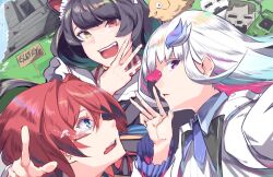  10yen_kabu 3girls alternate_hair_color ange_katrina animal_ears aqua_hair black_hair blue_eyes castle colored_inner_hair commentary_request creeper crying dog_ears english_commentary gradient_hair hair_intakes hair_ornament hand_up heterochromia highres inui_toko inui_toko_(1st_costume) lize_helesta lize_helesta_(1st_costume) looking_at_another maid_headdress minecraft mixed-language_commentary multicolored_hair multiple_girls nijisanji open_mouth parted_lips pink_hair pointing red_eyes red_hair sanbaka_(nijisanji) sign skeleton_(minecraft) smile swept_bangs tears teeth translation_request two-tone_hair upper_teeth_only violet_eyes virtual_youtuber white_hair white_headdress yellow_eyes zombie_(minecraft) 