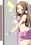  1girl angry bracelet brown_hair cherry_blossoms flower hairband heart idolmaster jewelry midriff minase_iori mushiboy navel open_mouth red_eyes ribbon solo stuffed_animal stuffed_bunny stuffed_toy swimsuit 