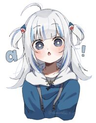  1girl a_(phrase) ahoge bad_id bad_twitter_id blue_eyes blue_hair cropped_torso fang gawr_gura gawr_gura_(1st_costume) hair_ornament highres hololive hololive_english hood hood_down hoodie long_hair looking_at_viewer multicolored_hair open_mouth ramuneko_525 skin_fang solo streaked_hair twitter_username two_side_up virtual_youtuber white_background white_hair 
