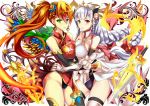  2girls blush braid breast_press china_dress chinese_clothes earrings elbow_gloves fire gloves green_eyes jewelry leiran_(p&amp;d) long_hair multiple_girls puzzle_&amp;_dragons red_eyes redhead side_ponytail silver_hair sword symmetrical_docking thighhighs valkyrie_(p&amp;d) weapon wings yuu_(asaiyuji) 