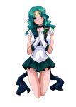  1girl 2013 aqua_hair aryiane bishoujo_senshi_sailor_moon blue_eyes bow choker circlet dated deep_aqua_mirror gloves highres kaiou_michiru lips looking_at_viewer miniskirt mirror sailor_neptune signature simple_background skirt smile solo thigh_gap transparent_background 