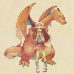  1girl blue_(pokemon) brown_eyes brown_hair charizard flame green_eyes hat hidari_(coletica) long_hair poke_ball pokemon pokemon_(creature) pokemon_(game) pokemon_frlg 