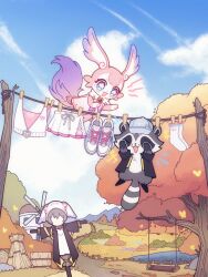  blue_sky clouds cloudy_sky ganleneng highres honkai:_star_rail honkai_(series) mem_(honkai:_star_rail) no_humans outdoors raccoon scarecrow second-party_source shoes skirt sky socks trailblazer_(honkai:_star_rail) unworn_clothes unworn_shoes unworn_skirt unworn_socks white_shoes white_skirt white_socks 