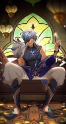  1boy absurdres antenna_hair black_nails black_shirt black_shoes blue_eyes blue_gem blue_hair blue_jacket blue_sash braid bridal_gauntlets closed_mouth coin coin_flip collarbone commentary_request couch covered_collarbone dark-skinned_male dark_skin earrings eyepatch feather_trim fingernails frilled_sleeves frills gem genshin_impact gold_ring gold_trim hair_over_shoulder hand_up hanging_light highres jacket jewelry kaeya_(genshin_impact) kaeya_(sailwind_shadow)_(genshin_impact) light_particles long_hair long_sleeves looking_at_viewer male_focus mora_(genshin_impact) multicolored_hair nail_polish off_shoulder official_alternate_costume on_couch one_eye_covered open_clothes open_jacket pants parted_bangs pectorals perdizzion puffy_long_sleeves puffy_sleeves sash shirt shoes single_braid single_earring sitting sleeveless sleeveless_shirt smile solo spread_legs stained_glass streaked_hair white_pants window 