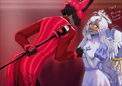  1boy 1girl absurdres alastor_(hazbin_hotel) angel angel_wings blackberreh-art dark-skinned_female dark_skin deer_boy demon_boy dress emily_(hazbin_hotel) hazbin_hotel hellaverse highres long_hair red_hair red_suit suit white_dress wings 