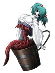  1girl bucket green_hair hair_bobbles hair_ornament kisume mazeran no_eyes persona simple_background solo spine touhou transparent_background twintails white_skin 