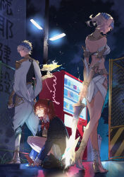  1boy 2girls absurdres ahoge blonde_hair blue_eyes castor_(fate) cellphone fate/grand_order fate_(series) fence fujimaru_ritsuka_(female) gemini_(symbol) high_heels highres holding holding_sword holding_weapon kajijii lamppost lollipop_in_mouth multiple_girls night one_side_up orange_eyes orange_hair phone pollux_(fate) school_uniform smartphone squatting sword trash_can vending_machine weapon 