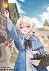  1girl ahoge andersen's_fairy_tales arm_up basket black_bow black_bowtie blue_coat blurry blurry_background blush bow bowtie city clouds coat commentary_request cowboy_shot elbow_carry fire fukahire_(ruinon) hair_between_eyes hair_bow holding holding_basket holding_matchstick house layered_sleeves little_match_girl long_hair long_sleeves looking_up matches open_mouth original outstretched_arm red_pupils shirt sky solo_focus tareme tearing_up teeth upper_teeth_only white_hair white_shirt wide_sleeves yellow_eyes 