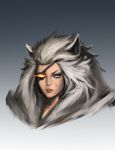  1girl animal_ears blue_eyes chrbr eyepatch face genderswap glowing glowing_eye highres league_of_legends lips long_hair nose orange_eyes personification realistic rengar scar simple_background white_hair 