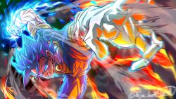  1boy absurdres aura blue_eyes blue_hair blue_pants blue_shirt blurry blurry_foreground clenched_hand dougi dragon_ball dragon_ball_super earrings fire gloves highres incoming_attack incoming_punch jewelry male_focus motion_blur orange_shirt pants potara_earrings punching ryo_lovevegito shirt solo super_saiyan super_saiyan_blue twitter_username vegetto white_gloves 
