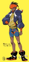  1boy aqua_eyes black_hair black_hoodie black_shoes blue_shorts commentary_request dark-skinned_male dark_skin earrings full_body headband highres hood hoodie jewelry konakawa long_hair looking_at_viewer male_focus one_eye_closed orange_headband pokemon pokemon_swsh raihan_(pokemon) shoes shorts simple_background smile solo standing undercut yellow_background 