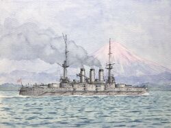  atelier_bono battleship clouds cloudy_sky commentary_request highres hizen_(battleship) imperial_japanese_navy mast military_vehicle mount_fuji mountain mountainous_horizon ocean original painting_(medium) rising_sun_flag sailing ship ship_turret sky smoke smokestack sunburst traditional_media warship watercolor_(medium) watercraft 