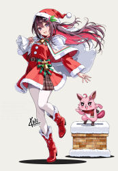  1girl alternate_costume azki_(hololive) boots colored_inner_hair dress fur-trimmed_dress fur-trimmed_headwear fur_trim hat highres holding holding_sack hololive kubota_masaki looking_at_viewer mole mole_under_eye multicolored_hair open_mouth pantyhose pioneer_(azki) red_boots red_dress red_hair red_hat sack santa_costume santa_dress smile solo streaked_hair violet_eyes virtual_youtuber white_pantyhose white_streaks 