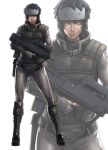  1girl aqua arm_guards armor belt black_hair bulletproof_vest cyborg expressionless eyes forehead_protector ghost_in_the_shell gloves gun ikegami_noroshi kusanagi_motoko looking_at_viewer muscle shin_guards short_hair simple_background skin_tight solo standing vest weapon wide_stance 