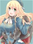  1girl atago_(kantai_collection) black_gloves blonde_hair blue_background blush breasts gloves green_eyes hat kantai_collection large_breasts long_hair military military_jacket military_uniform open_mouth personification smile solo uniform 