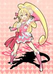  1girl :d aida_mana blonde_hair blush character_name cure_heart dokidoki!_precure heart heart_background long_hair miyaoryu open_mouth pink_eyes pose precure red_eyes shadow smile solo sparkle standing 