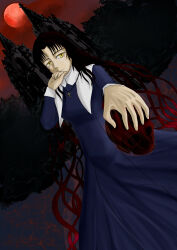  absurdres black_hair breasts church closed_mouth cross cross_necklace dress hand_on_own_face highres holding holding_skull jewelry kissyoin_kiara light_smile long_hair long_sleeves looking_at_viewer magic medium_breasts moon necklace night nun red_moon sessyoin_kiara skull sky tree tsukihime tsukihime_(remake) unaunaunagi very_long_hair yellow_eyes 