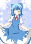  1girl blue_dress blue_hair blue_sky blush bow cirno closed_eyes curtsey dress hair_bow ice ice_wings masiromu puffy_sleeves shirt short_sleeves sky smile solo touhou wings 