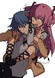  1boy 1girl absurdres angel_beats! anger_vein angry black_boots blazer blue_hair boots clenched_teeth cross_hair_ornament demon_tail english_commentary fang hair_between_eyes hair_ornament highres hinata_hideki jacket long_hair looking_at_another masshutake open_mouth pink_hair school_uniform serafuku shinda_sekai_sensen_uniform shirt short_hair simple_background skirt sleeper_hold tail teeth thigh_strap two_side_up v-shaped_eyebrows white_background white_shirt yellow_jacket yui_(angel_beats!) 