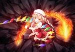  1girl ascot blonde_hair flandre_scarlet hat laevatein open_mouth philomelalilium red_eyes short_hair side_ponytail solo touhou wings 