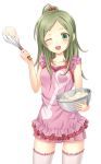  1girl apron bare_arms bowl collarbone dough green_eyes green_hair hair_bobbles hair_ornament highres long_hair looking_at_viewer minamino_kanade n.g. naked_apron open_mouth ponytail precure simple_background smile solo suite_precure thigh-highs whisk white_background white_legwear wink 