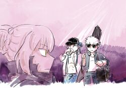  2boys archer_(casual_wear)_(fate) archer_(fate) artoria_pendragon_(fate) blonde_hair braid bun_with_braided_base casual cu_chulainn_(fate) dark_persona fate/grand_order fate_(series) hair_bun highres multiple_boys nurejo saber_alter single_hair_bun 