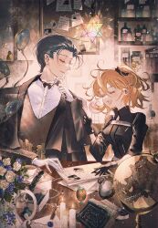  1boy 1girl artist_name black_coat black_gloves black_shirt blue_hair blush bottle bow bowtie breasts brown_hair candle closed_eyes closed_mouth coat collared_shirt commentary_request cup desk eyelashes fate/grand_order fate_(series) flower fujimaru_ritsuka_(female) fujimaru_ritsuka_(female)_(polar_chaldea_uniform) gloves highres indoors letter letter_opener magnifying_glass majamari medium_breasts open_clothes open_mouth open_shirt orange_hair paper rose saint_quartz_(fate) saucer shelf sherlock_holmes_(fate) sherlock_holmes_(third_ascension)_(fate) shirt short_twintails sleeves_rolled_up smile teacup teeth thinking twintails upper_teeth_only vase white_flower white_gloves white_rose white_shirt 