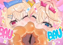  2girls absurdres animal_ear_fluff animal_ears bandaid bandaid_hair_ornament blonde_hair blue_eyes blue_streaks dog_ears dog_girl doughnut fang food fuwawa_abyssgard fuwawa_abyssgard_(1st_costume) hair_ornament hairpin heart heart-shaped_pupils highres holding holding_donut holding_food hololive hololive_english mococo_abyssgard mococo_abyssgard_(1st_costume) mouth_hold multicolored_hair multiple_girls pink_streaks pon_de_ring red_eyes siblings sisters skin_fang streaked_hair symbol-shaped_pupils twins virtual_youtuber x_hair_ornament yuuppi 