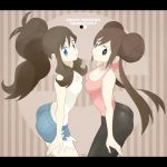  2girls black_legwear blue_eyes bow breasts brown_hair cleavage copyright_name denim denim_shorts double_bun halterneck high_ponytail highres letterboxed long_hair looking_at_viewer mei_(pokemon) multiple_girls no_hat official_style pantyhose pink_shirt pokemon pokemon_(game) pokemon_bw pokemon_bw2 shirt shorts sleeveless sleeveless_shirt smile souji touko_(pokemon) twintails very_long_hair white_shirt 