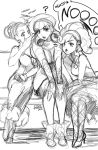  3girls ? ahoge ankle_boots bliss_barson boots cryamore curly_hair deseret_amoir lips long_hair mole monochrome multiple_girls robaato sketch sorbet_la_carelle v_arms whispering 