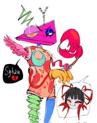  1girl 1other black_hair broken_heart commentary corrupted_twitter_file crab_claw dusty_dust gangle_(the_amazing_digital_circus) gloves heart highres pink_wings single_glove spoken_character symbol-only_commentary the_amazing_digital_circus wings yellow_gloves zooble_(the_amazing_digital_circus) 