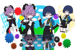  2boys armor arms_at_sides black_bodysuit black_bow black_coat black_collar black_eyes black_horns black_shorts black_sleeves black_tail blue_cape blue_eyes blue_kimono blue_sky blunt_ends blush_stickers bodysuit bow bridal_gauntlets bright_pupils cape clenched_hands closed_eyes clouds cloudy_sky coat coattails collar confetti crossed_bangs dragon_boy dragon_horns dragon_tail durin_(genshin_impact) empty_eyes eyeliner eyeshadow facing_another facing_up feathers furisode gem genshin_impact gloves gold green_gem grey_bridal_gauntlets hair_between_eyes hand_up hands_up heart-shaped_gem highres horns index_finger_raised japanese_armor japanese_clothes juban kimono kote kurokote long_sleeves looking_at_another looking_at_viewer makeup mandarin_collar mesmerizer_(vocaloid) mountain multiple_boys multiple_views one_eye_closed open_clothes open_coat open_hand open_kimono open_mouth pants parody pink_eyes pom_pom_(clothes) purple_hair purple_vest rain red_coat red_eyeliner red_eyes red_eyeshadow red_gem sawadatatsuyo scaramouche_(genshin_impact) shaded_face short_sleeves shorts shoulder_peek sky style_parody sun sweat tail tearing_up tears turn_pale two-sided_coat two-sided_fabric vest wanderer_(genshin_impact) wavy_mouth white_collar white_gloves white_kimono white_pants white_pupils white_sleeves wispy_bangs yellow_feathers 