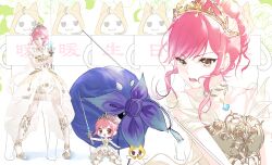  1girl :q absurdres animal armor armored_shoes bare_arms bare_shoulders bow bowtie breastplate brown_eyes cat cloak closed_mouth clothed_animal clothing_cutout coattails collar collarbone commentary_request detached_collar determined dress ear_covers esseling_(infinity_nikki) eyelashes frown furrowed_brow hair_bun happy high_heels highres holding holding_sword holding_weapon hood hood_up hooded_cloak infinity_nikki jelly_pouch_(infinity_nikki) knee_pads lace lace_thighhighs long_dress looking_ahead looking_at_viewer luyuqian59942 melody_bloom_(infinity_nikki) miniskirt momo_(nikki) multiple_views nikki_(nikki) nikki_(series) open_mouth orange_bow orange_bowtie pink_hair pleated_skirt rapier see-through_clothes see-through_thighhighs shoes short_hair_with_long_locks short_sleeves shoulder_cutout sidelocks single_hair_bun skirt skirt_under_dress smile stiletto_heels sword teeth thigh-highs tongue tongue_out weapon white_background white_cat white_collar white_dress white_thighhighs yellow_cloak yellow_shoes yellow_skirt 