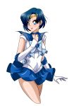  1girl 2013 aryiane bishoujo_senshi_sailor_moon blue_eyes blue_hair bow choker dated earrings elbow_gloves gloves highres jewelry lips miniskirt mizuno_ami parted_lips sailor_mercury short_hair signature simple_background skirt solo transparent_background 