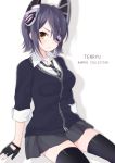  1girl black_legwear breasts character_name copyright_name eyepatch fingerless_gloves gloves headgear highres kantai_collection necktie personification purin_jiisan purple_hair school_uniform short_hair solo tenryuu_(kantai_collection) thighhighs white_background yellow_eyes 
