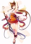  1girl animal_ears armpits bell brown_hair detached_sleeves highres jingle_bell legs long_hair orange_eyes original ponytail retsuna sandals simple_background skirt solo sword tail weapon white_background 