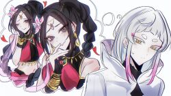  1boy 1girl arabian_clothes azhe_kanata bare_shoulders black_hair bracelet braid braided_ponytail breasts bridal_gauntlets chisha_gold closed_mouth commentary_request crop_top crossdressing crossdressing_(mtf) dancer earrings eyeshadow flower gold_trim gradient_hair hair_flower hair_ornament hand_on_own_face harem_outfit head_tilt heart highres hood hoop_earrings jewelry long_hair looking_at_viewer makeup midriff multicolored_hair multiple_girls navel one_eye_closed pink_flower pink_hair re:zero_kara_hajimeru_isekai_seikatsu shawl sidelocks single_braid smile speech_bubble sweatdrop thought_bubble upper_body vincent_vollachia white_background white_hair yellow_eyes 