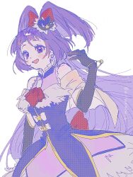  1girl a_kanimiso_a ascot back_bow black_gloves black_hat blush bow bracelet colored_eyelashes commentary cowboy_shot cure_magical dress earrings elbow_gloves eyelashes frills gloves gold_trim hair_bow halter_dress halterneck hand_up hat highres izayoi_liko jewelry long_hair magical_girl mahou_girls_precure! mini_hat mini_witch_hat open_mouth pink_eyes precure purple_dress purple_hair red_ascot red_bow simple_background smile solo star_(symbol) very_long_hair white_background white_bow witch_hat 